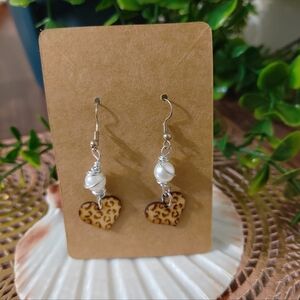 NWOT Handmade Leopard Print Small Wooden Heart Wire Wrapped Earrings